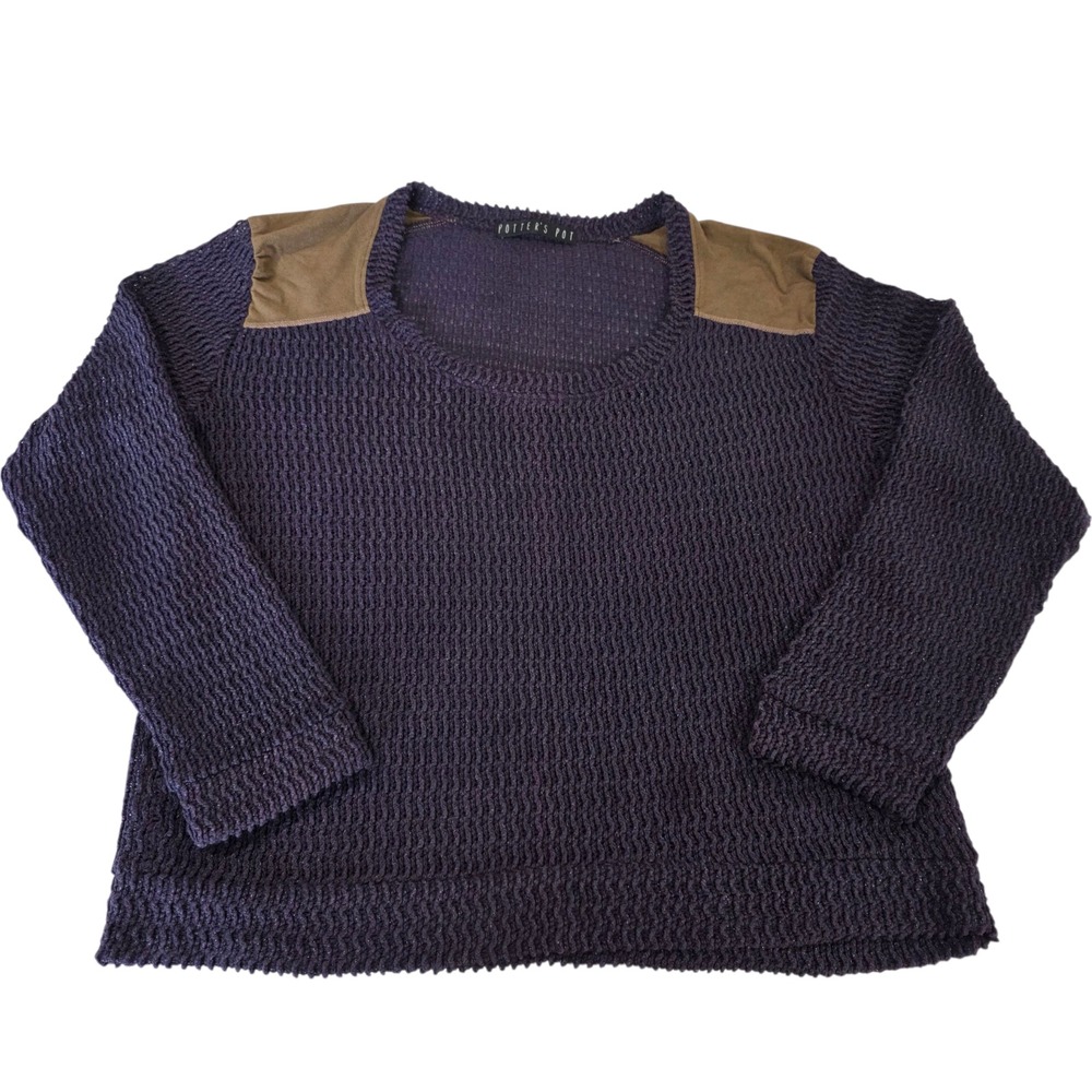 Potters Pot Pullover Sweater Womens Navy Blue‎ M Long Sleeve Knit Shoulder Patch